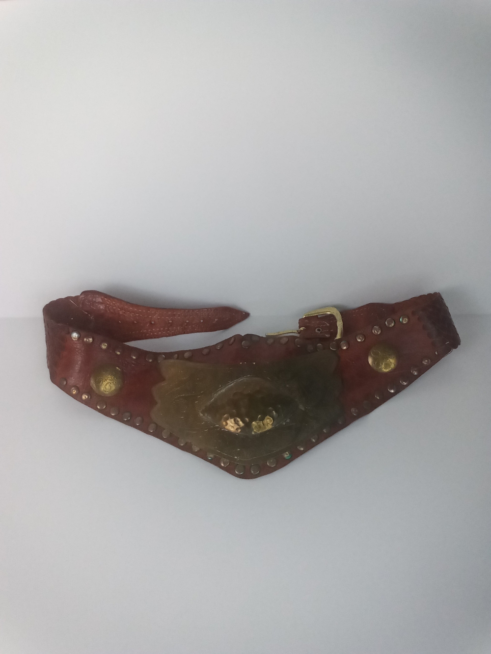 Vintage Moroccan Brown Leather Studded Waist Belt with Brass Plate Boho Artisan